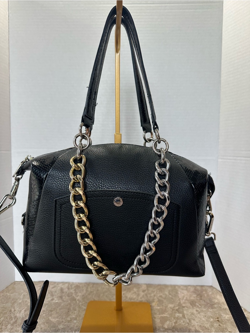 Steve Madden Black Pebbled Faux Leather Satchel Crossbody Mixed Metal Chain Bag